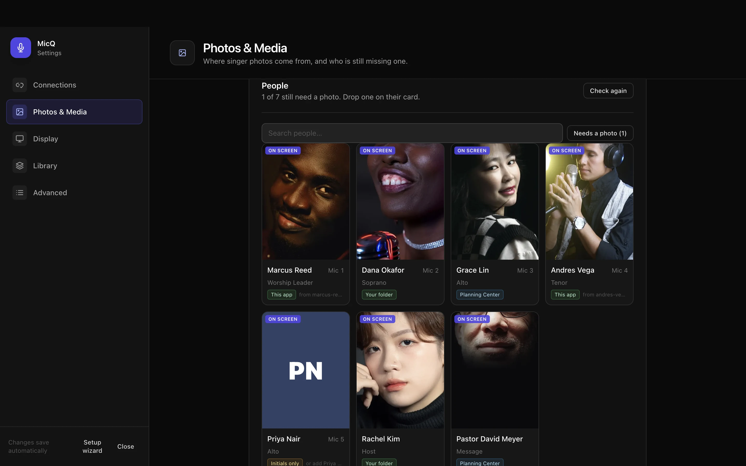The actual MicQ People manager, showing each person on screen, their current photo, and whether it came from MicQ, a local folder, Planning Center, or initials.
